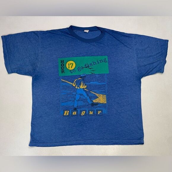 VINTAGE Bagur 17 Hour To Go Fishing Graphic T-shirt Women XL Blue 90s - Picture 1 of 6